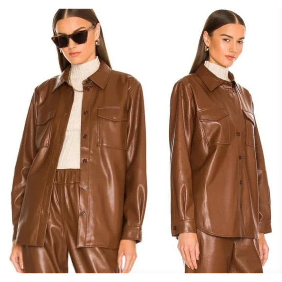 Anine Bing Hutton Shacket Faux Leather Front Button Size M Brown - Picture 1 of 11